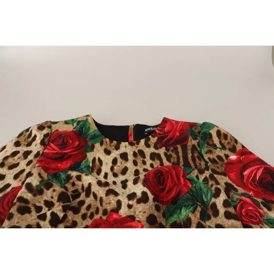 Dolce & Gabbana Brown Leopard Red Roses Cotton A-line Dress Dolce & Gabbana