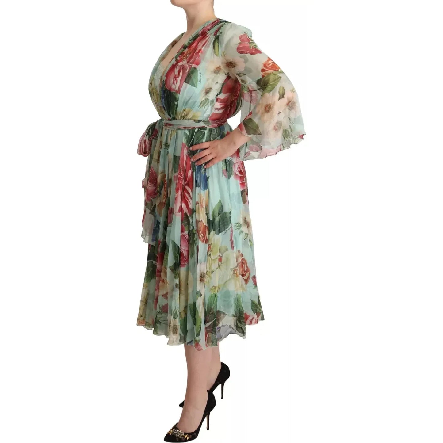 Dolce & Gabbana Green Floral Long Sleeve V-neck Midi Dress Dolce & Gabbana