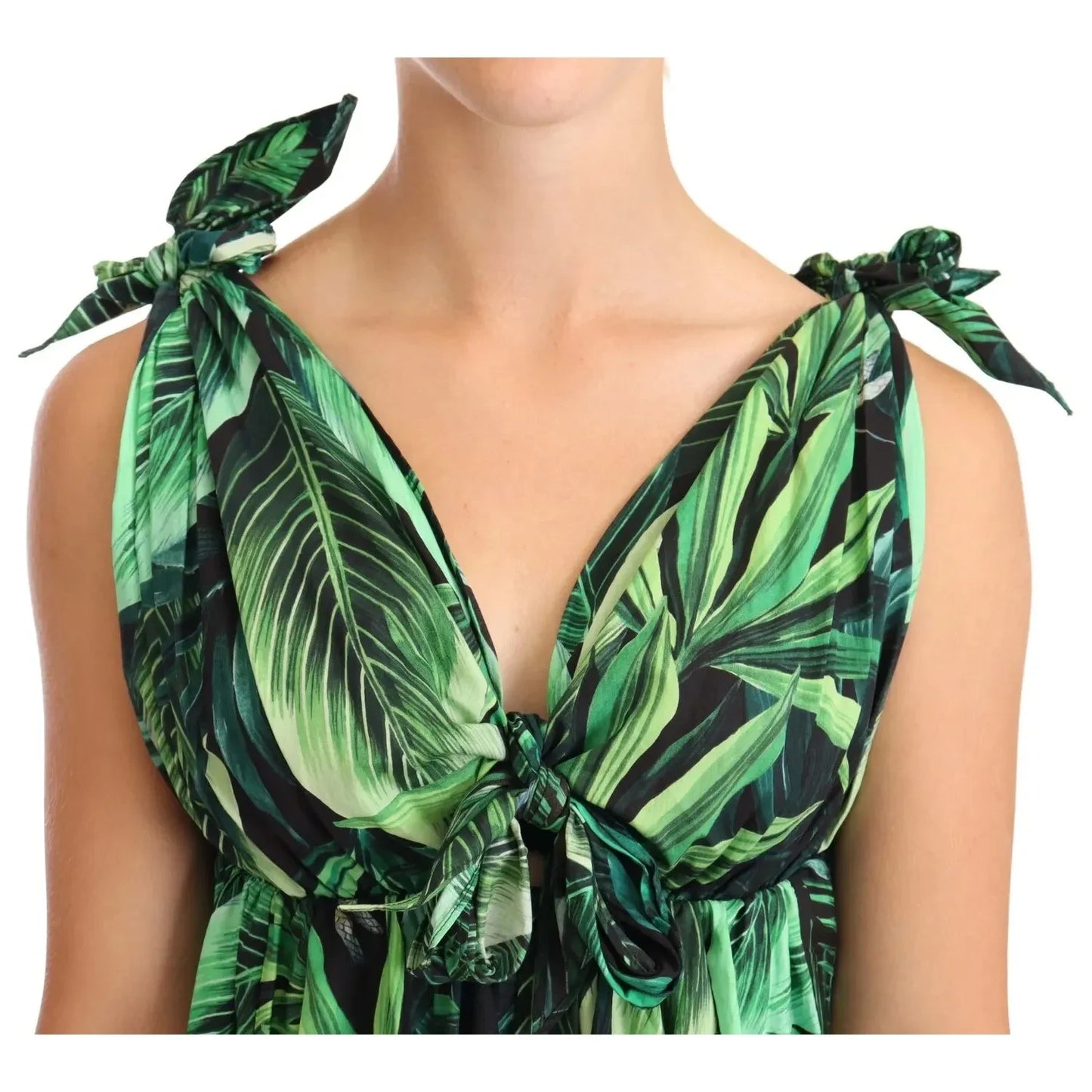 Dolce & Gabbana Green Leaves Print Cotton Flared Mini Dress Dolce & Gabbana