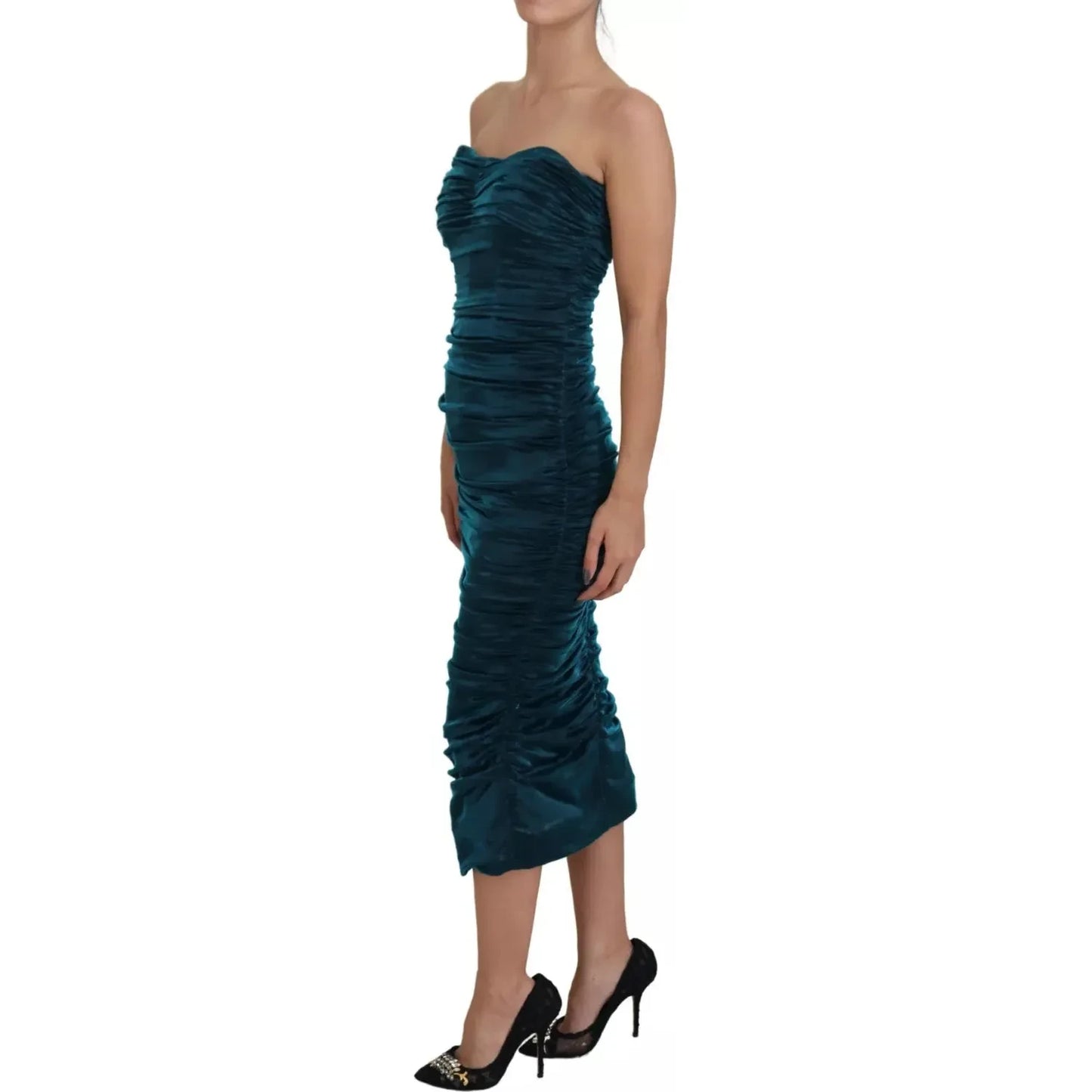 Dolce & Gabbana Silk Blend Blue Satin Fitted Strapless Dress Dolce & Gabbana