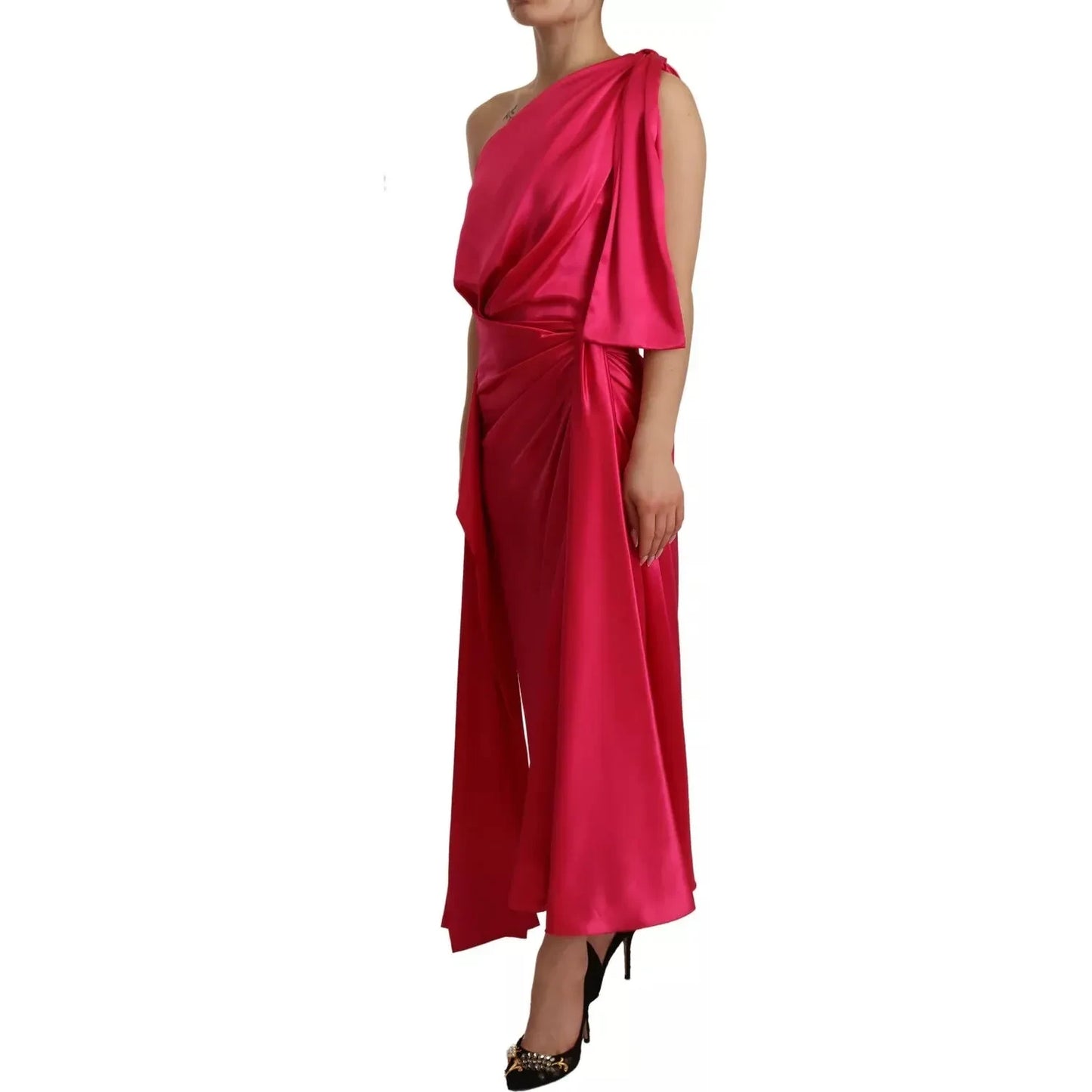 Dolce & Gabbana Silk Pink Fitted Cut One Shoulder Midi Dress Dolce & Gabbana