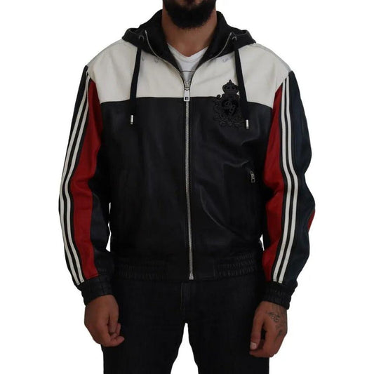 Dolce & Gabbana Black Leather Hooded Blouson Coat Jacket 1728,67345645728,Bombers - Jackets & Coats - Clothing,Clothing,Dolce & Gabbana,IT48 | M,Jackets & Coats - Clothing,Jackets - Men - Clothing,Material: 100% Leather,Men,Multicolor,Preowned / Defect