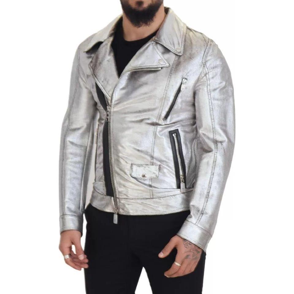 Dolce & Gabbana Silver Leather Biker Coat Lambskin Jacket Dolce & Gabbana