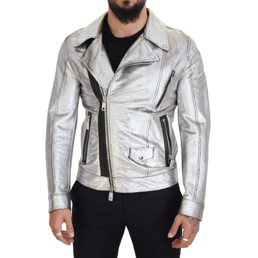Dolce & Gabbana Silver Leather Biker Coat Lambskin Jacket 1728,67345645728,Biker Jackets - Jackets & Coats - Clothing,Clothing,Dolce & Gabbana,IT48 | M,Jackets & Coats - Clothing,Jackets - Men - Clothing,Leather Jackets - Jackets & Coats - Clothing,Materi