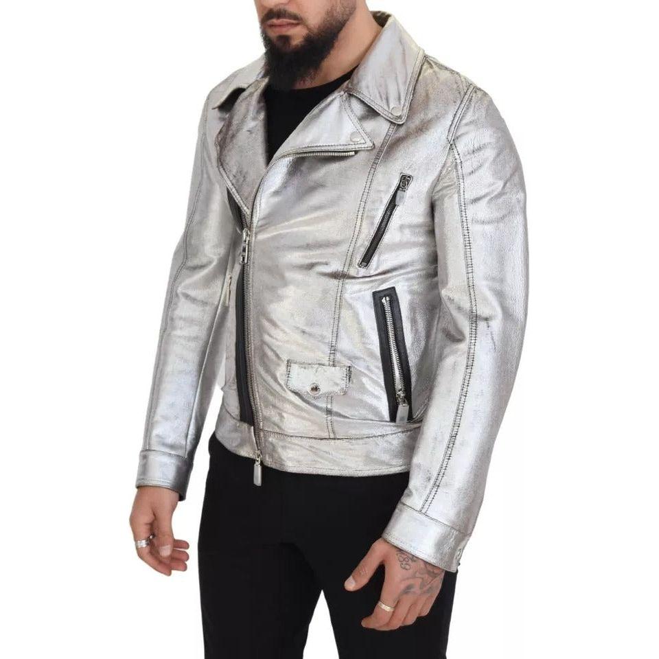 Dolce & Gabbana Silver Leather Biker Coat Lambskin Jacket Dolce & Gabbana