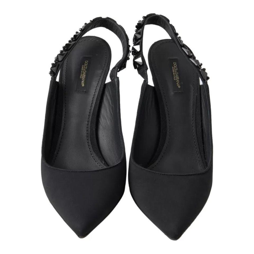 Dolce & Gabbana Black Embellished Charmeuse Slingback Heels Shoes