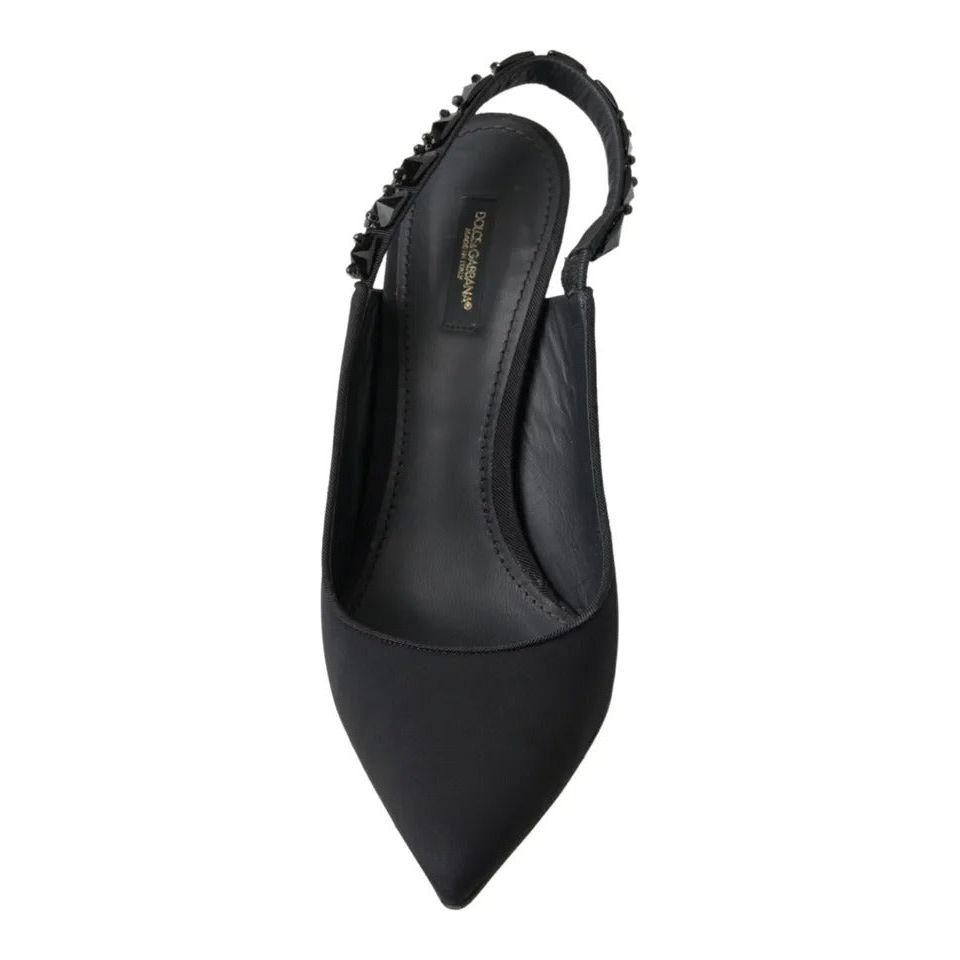 Dolce & Gabbana Black Embellished Charmeuse Slingback Heels Shoes