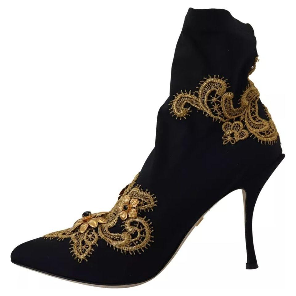 Dolce & Gabbana Black Gold Embroidery Slip On Boots Shoes