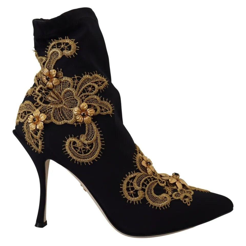 Dolce & Gabbana Black Gold Embroidery Slip On Boots Shoes