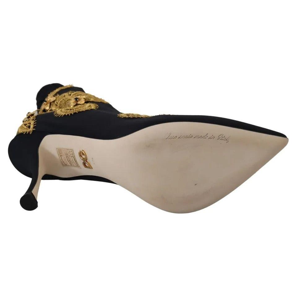 Dolce & Gabbana Black Gold Embroidery Slip On Boots Shoes