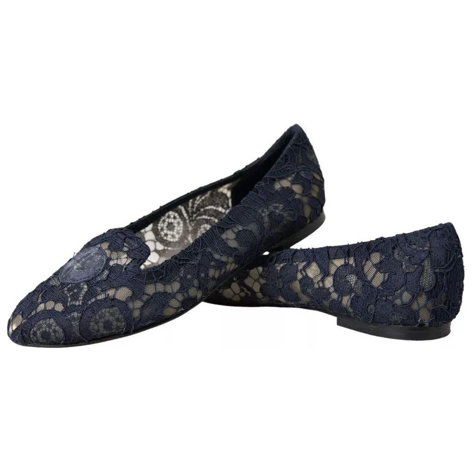 Dolce & Gabbana Dark Blue Taormina Lace Slip On Flats Shoes Dolce & Gabbana