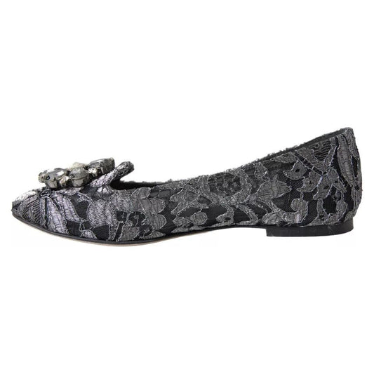 Dolce & Gabbana Gray Black Lace Crystal Ballet Loafers Shoes Dolce & Gabbana