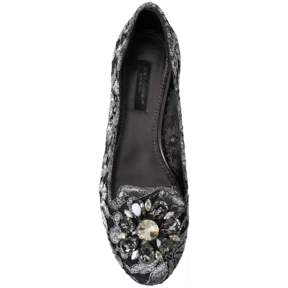 Dolce & Gabbana Gray Black Lace Crystal Ballet Loafers Shoes Dolce & Gabbana