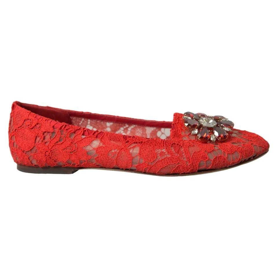 Dolce & Gabbana Red Lace Crystal Ballet Loafers Shoes Dolce & Gabbana