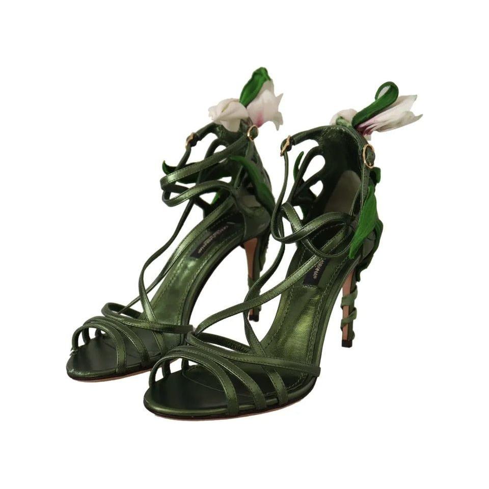 Dolce & Gabbana Acid Green Leather Strappy Flower Heels Sandals Shoes Dolce & Gabbana