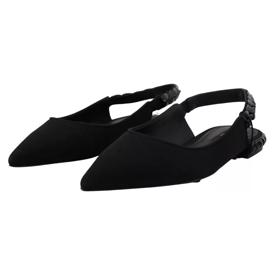 Dolce & Gabbana Black Flats Crystal Slingback Charmeuse Shoes