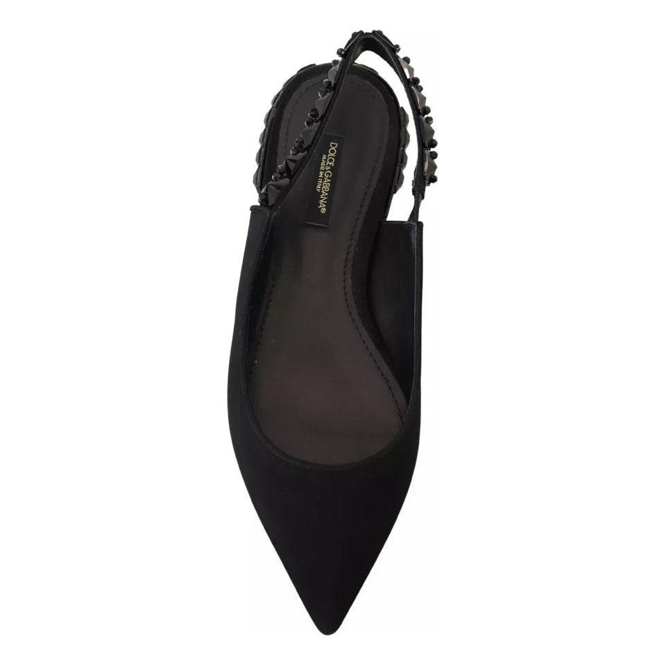 Dolce & Gabbana Black Flats Crystal Slingback Charmeuse Shoes