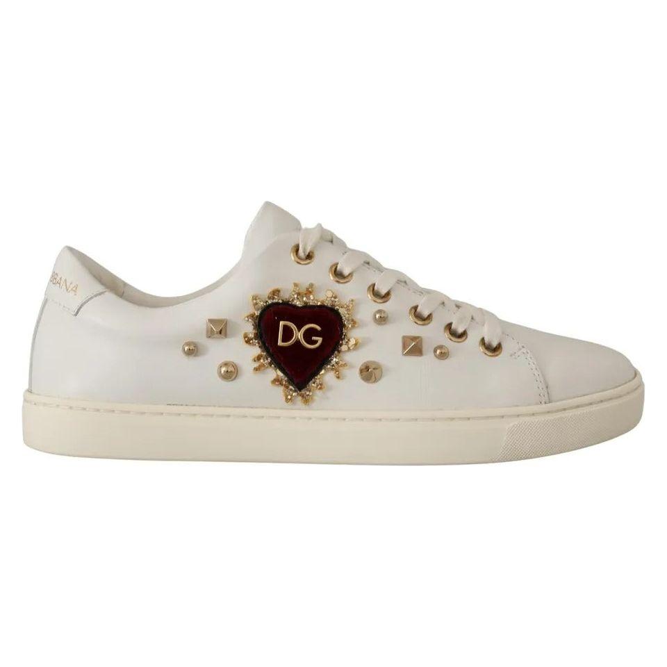 Dolce & Gabbana White Leather Gold Red Heart Sneakers Shoes Dolce & Gabbana