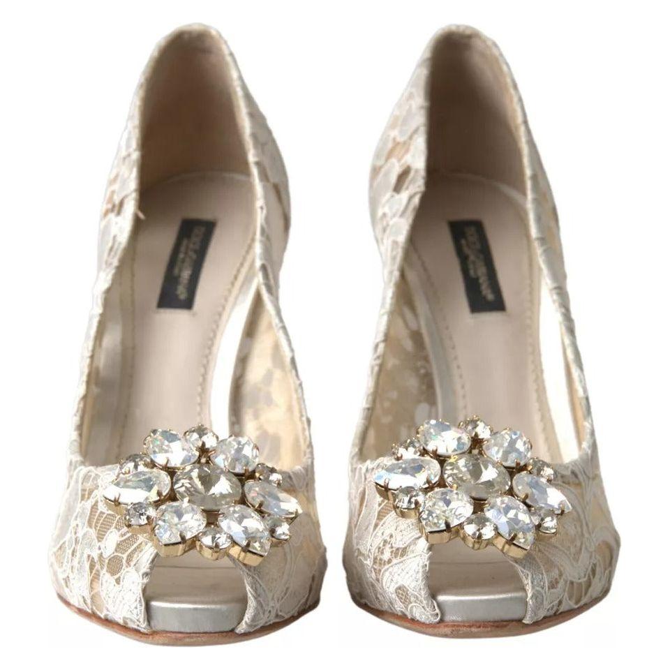 Dolce & Gabbana White Taormina Lace Crystal Heels Pumps Shoes