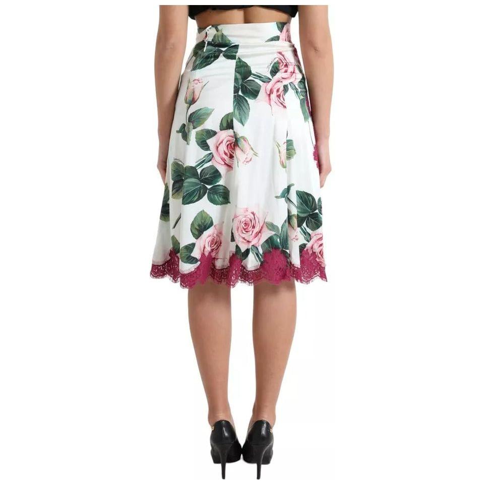 Dolce & Gabbana White Rose Print High Waist Midi A-line Skirt Dolce & Gabbana