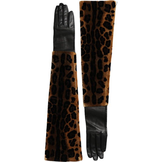 Dolce & Gabbana Brown Black Leopard Leather Elbow Length Gloves Dolce & Gabbana