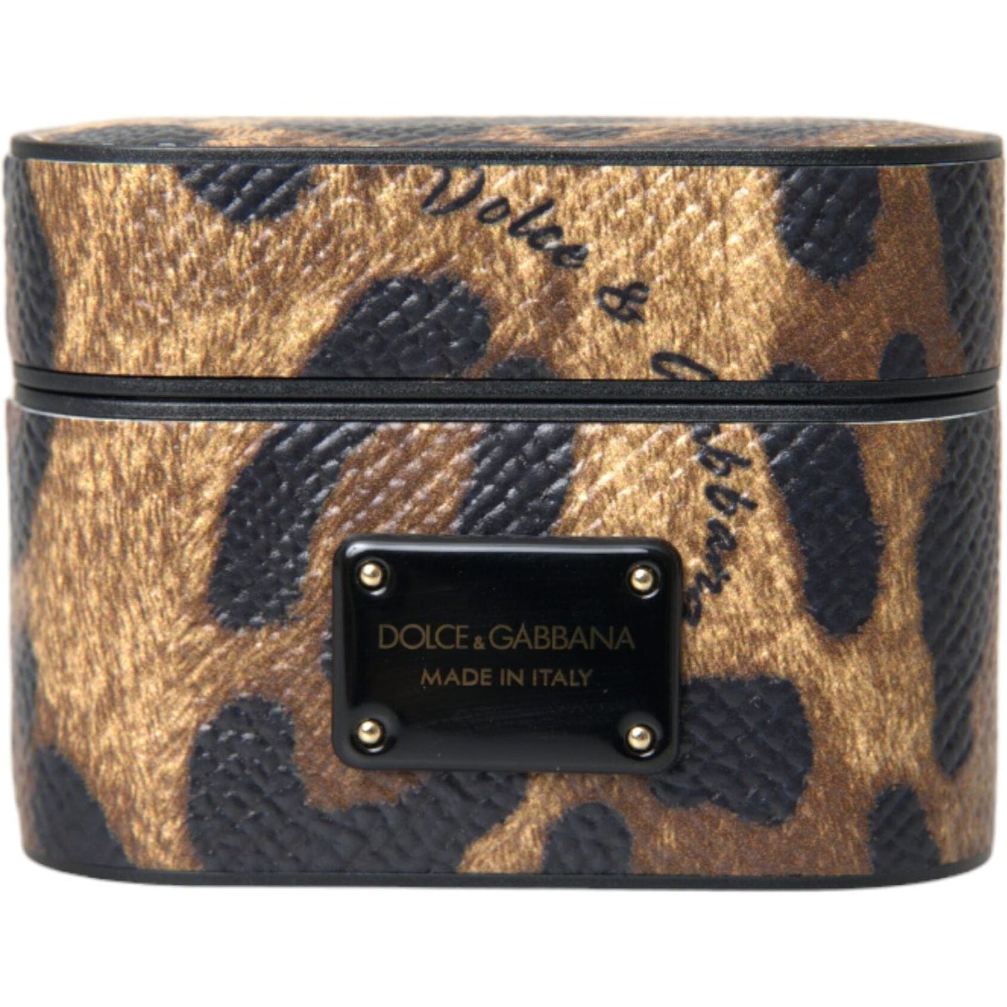 Dolce & Gabbana Brown Leopard Calf Leather Metal Logo Plaque Airpods Case Dolce & Gabbana