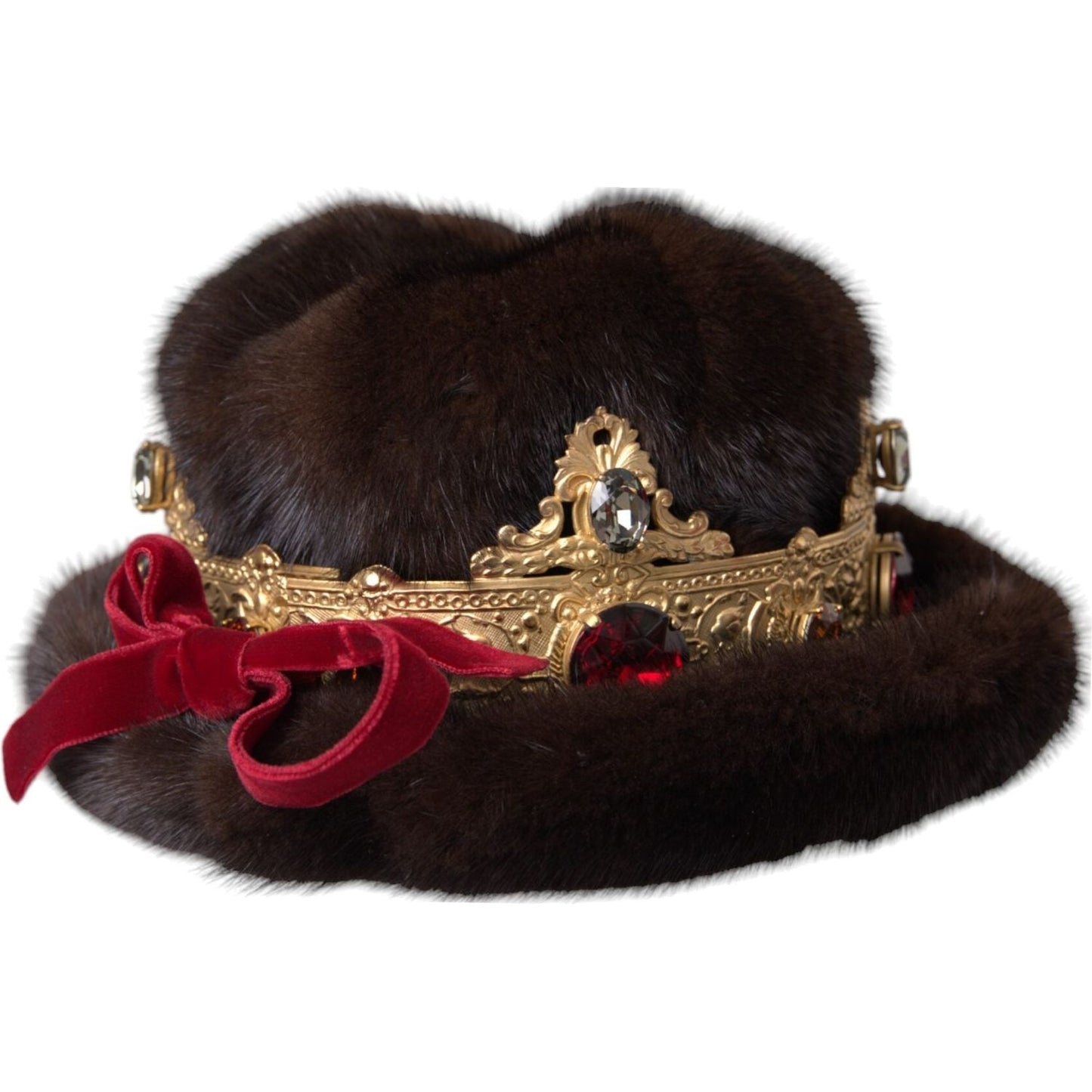 Dolce & Gabbana Dark Brown Mink Fur Gold Crystal Crown Hat Dolce & Gabbana