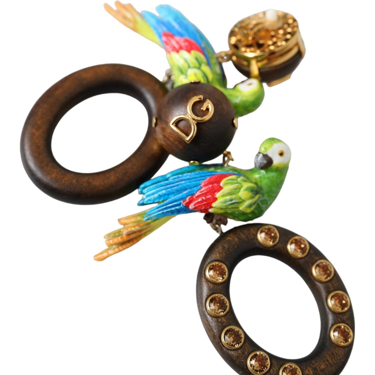 Dolce & Gabbana Multicolor Parrot Wood Brass Crystal Embellished Earrings Earrings Dolce & Gabbana