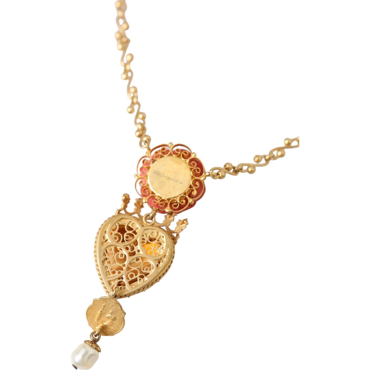 Dolce & Gabbana Gold BrassChain Sacred Heart Rose Crystal Charm Necklace Dolce & Gabbana