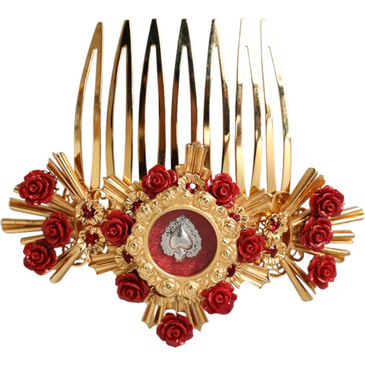 Dolce & Gabbana Gold Brass Crystal Heart Floral Hair Comb Dolce & Gabbana