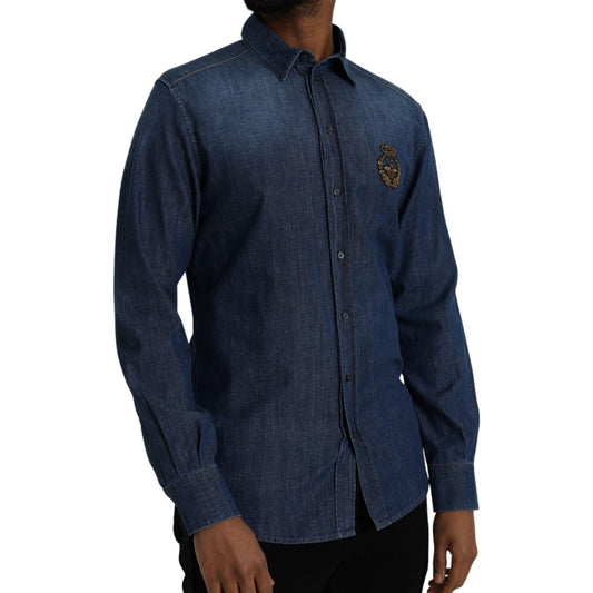 Dolce & Gabbana Blue Crown Bee Cotton Denim GOLD Shirt Dolce & Gabbana