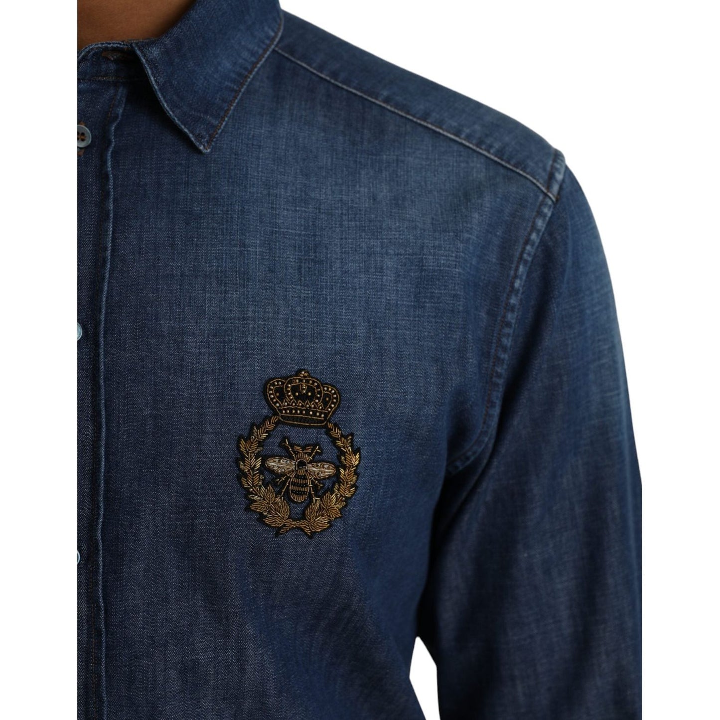 Dolce & Gabbana Blue Crown Bee Cotton Denim GOLD Shirt Dolce & Gabbana