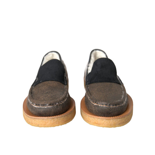 Dolce & Gabbana Brown Black Fur Leather Loafers Men Shoes