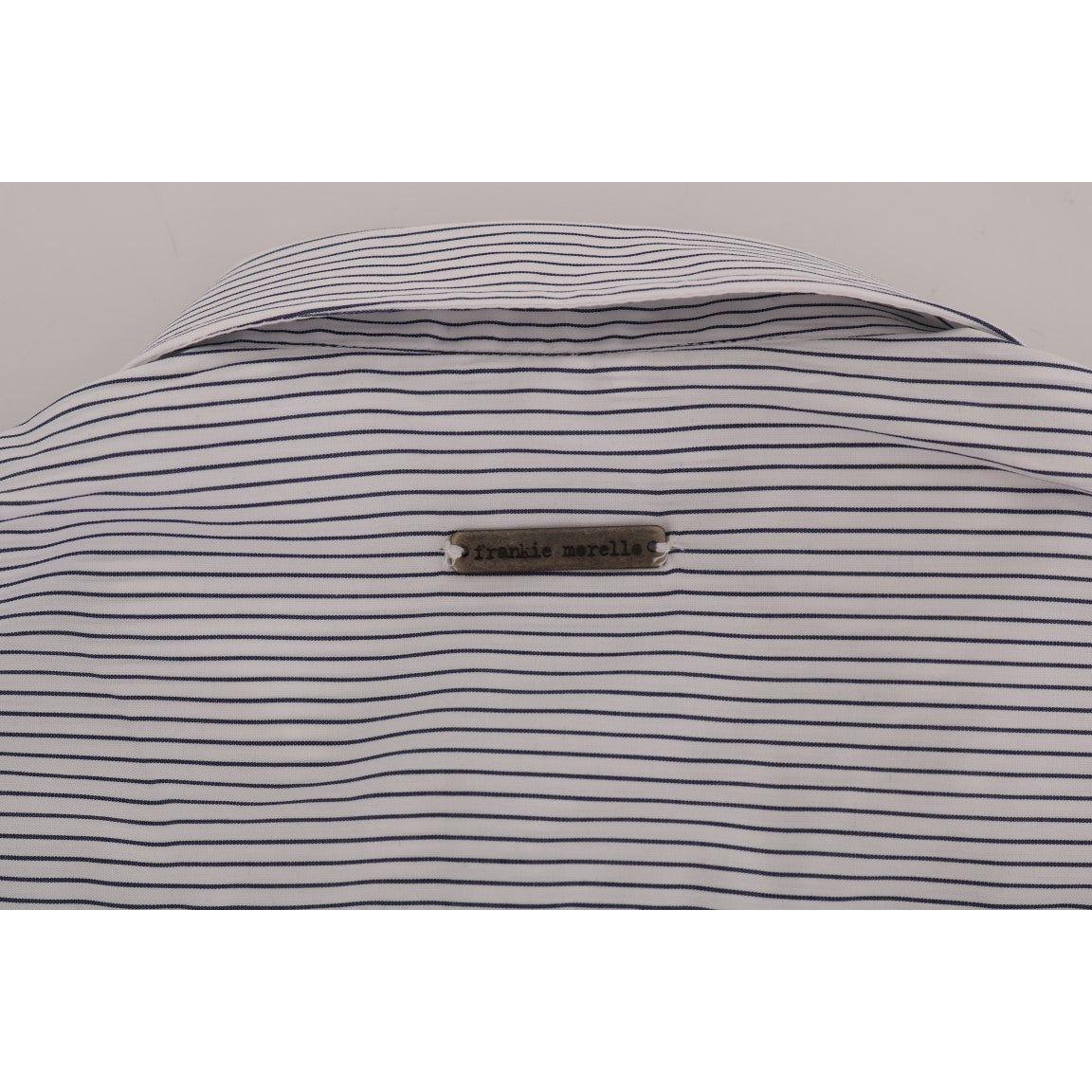 Frankie Morello White Blue Striped Casual Cotton Regular Fit Shirt