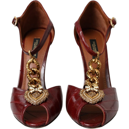 Dolce & Gabbana Dark Red Leather Gold Devotion Heart Sandals Shoes Dolce & Gabbana