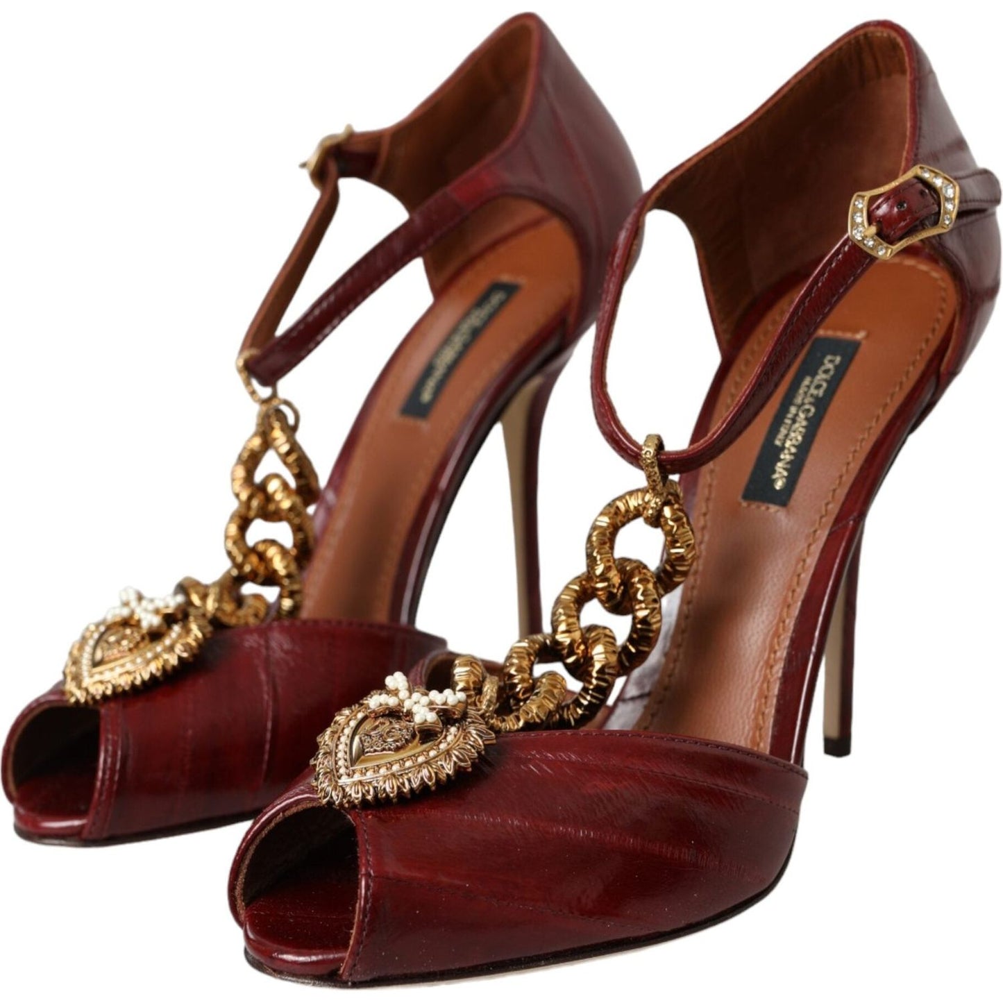 Dolce & Gabbana Dark Red Leather Gold Devotion Heart Sandals Shoes Dolce & Gabbana