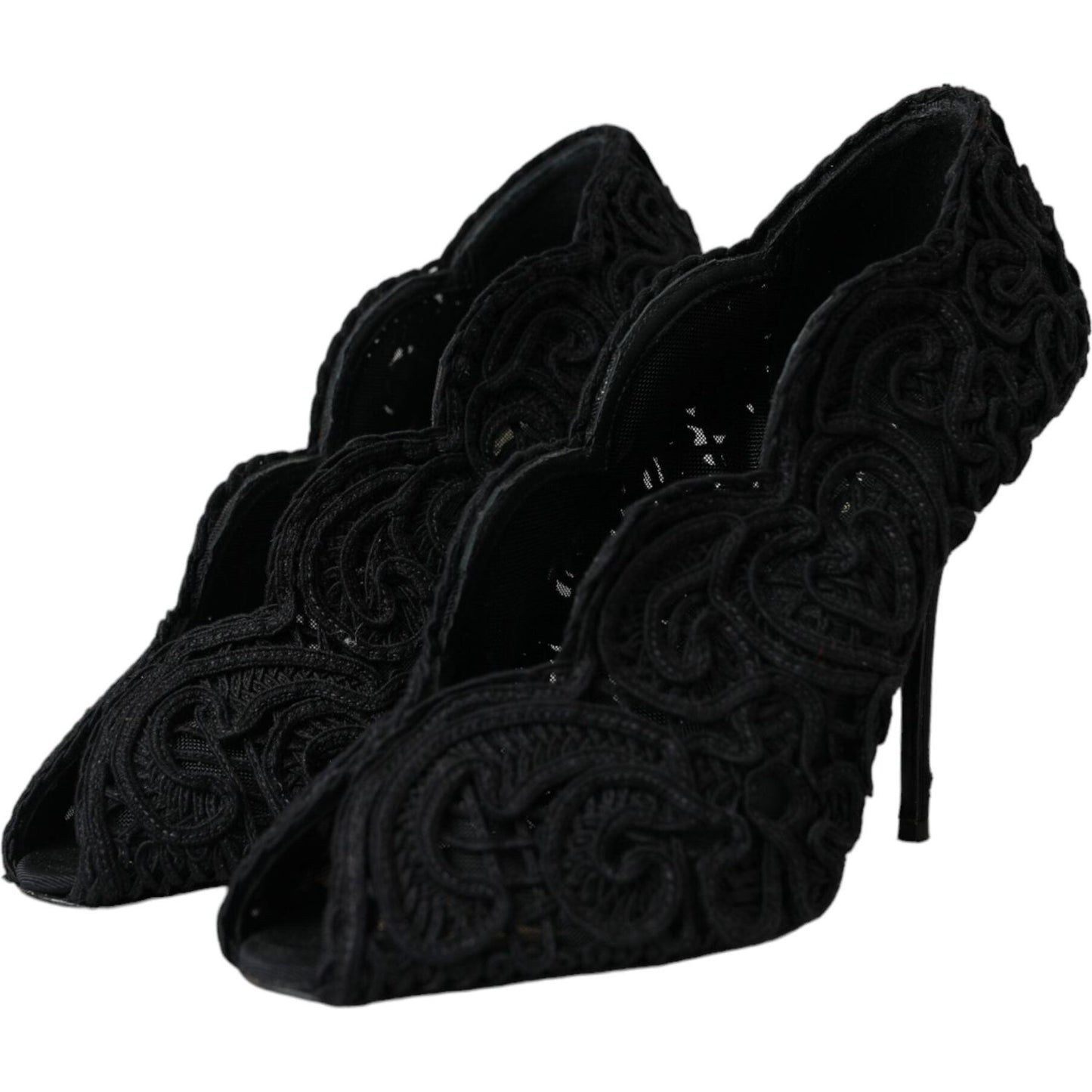 Dolce & Gabbana Black Cordonetto Ricamo Pump Open Toe Shoes Dolce & Gabbana