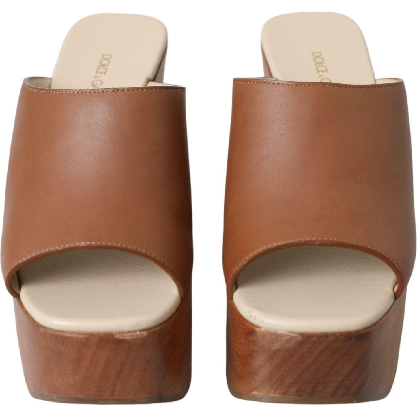 Dolce & Gabbana Brown Leather Wood Mules Wedge Slides Shoes Dolce & Gabbana