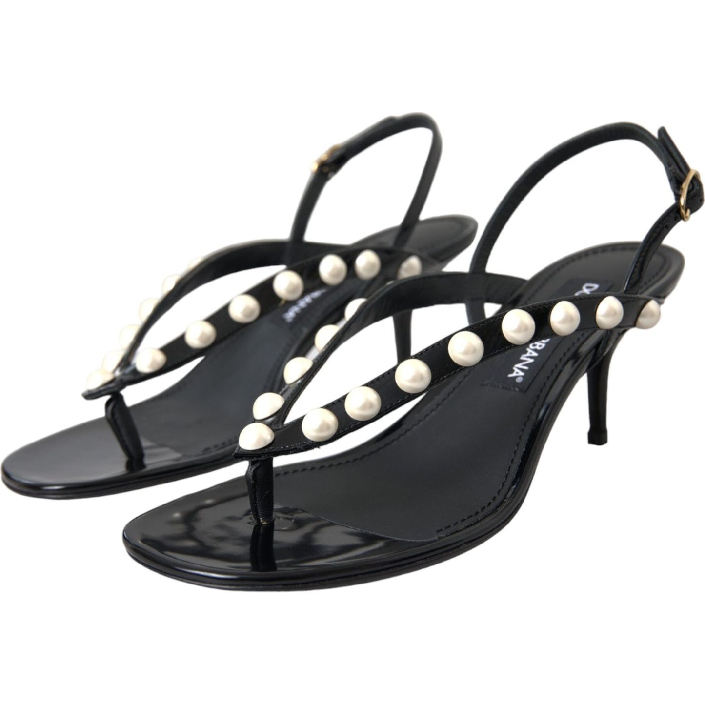 Dolce & Gabbana Black Leather Faux Pearl Heel Sandals Shoes Dolce & Gabbana