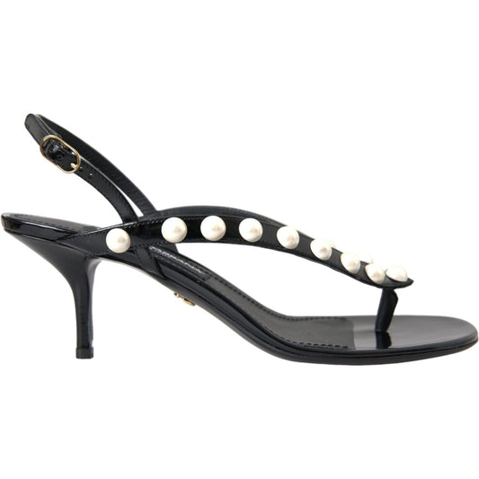 Dolce & Gabbana Black Leather Faux Pearl Heel Sandals Shoes Dolce & Gabbana