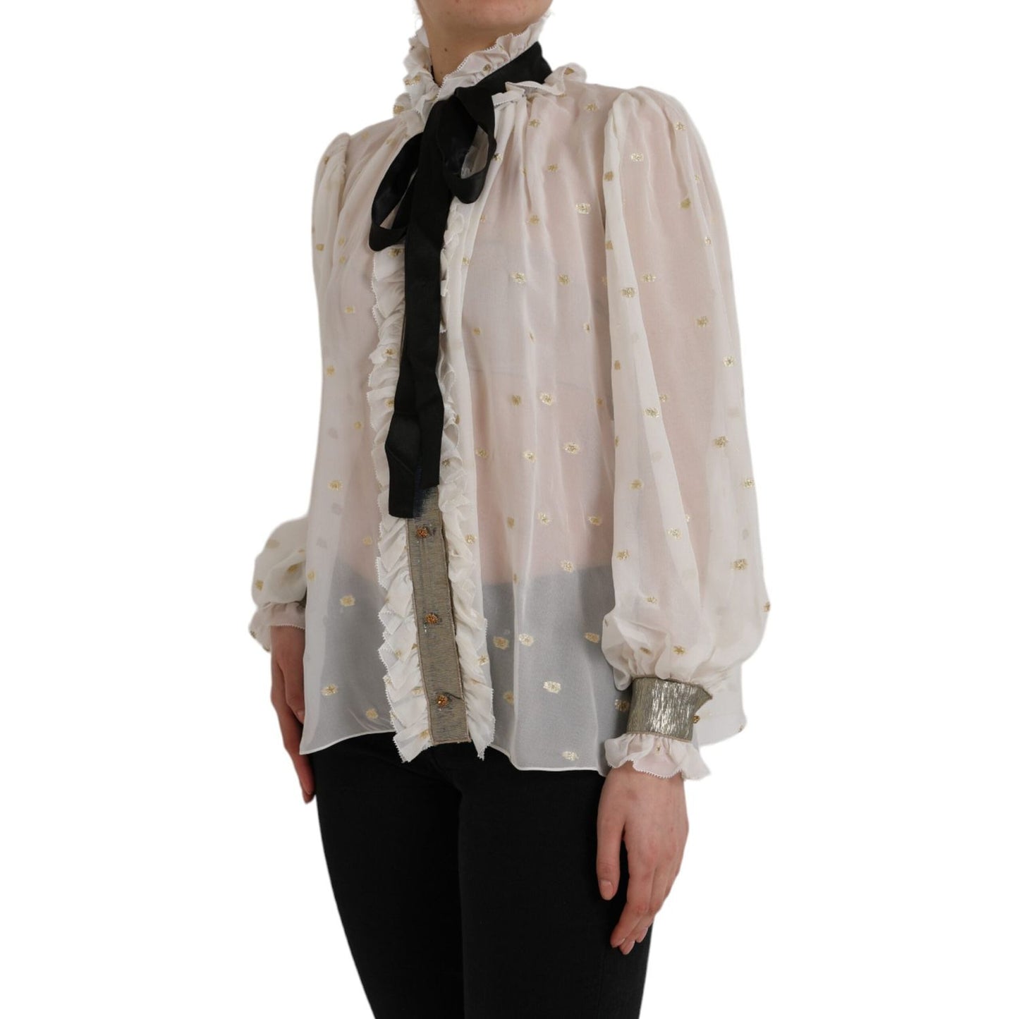 Dolce & Gabbana Off White Silk Blend Ascot Collar Blouse Top 1728,67345645728,Blouses - Shirts - Clothing,Clothing,Dolce & Gabbana,IT42|M,Material: 77% Silk 23% Polyester,New with tags,Off White,Shirts - Clothing,Tops & T-Shirts - Women - Clothing,Women,W