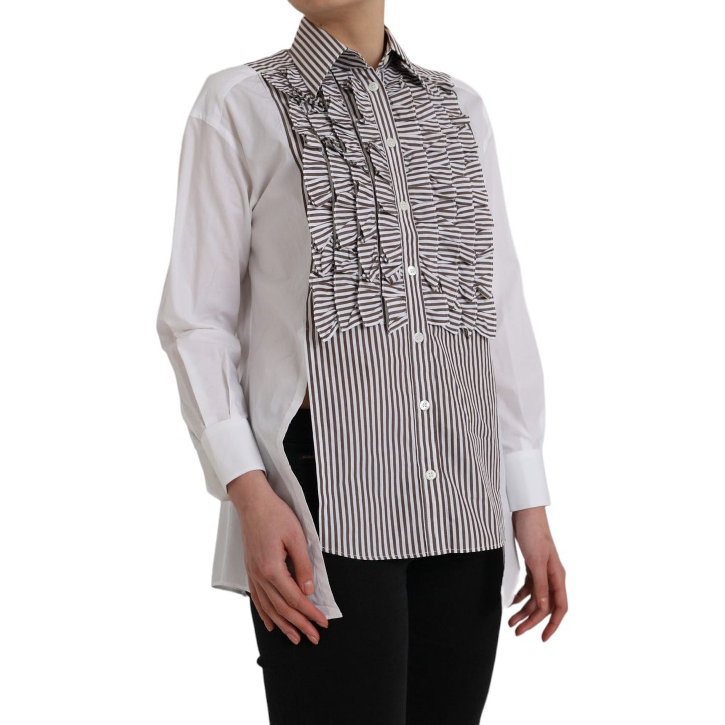 Dolce & Gabbana White Stripes Cotton Long Sleeves Ruffle Collar Top Dolce & Gabbana