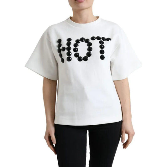 Dolce & Gabbana White Cotton Stretch Black HOT Crystal T-shirt 1728,67345645728,Clothing,Dolce & Gabbana,Material: 71% Cotton 29% Polyester (stretch),Preowned / Defect,T-Shirts - Clothing,T-Shirts - T-Shirts - Clothing,Tops & T-Shirts - Women - Clothing,W