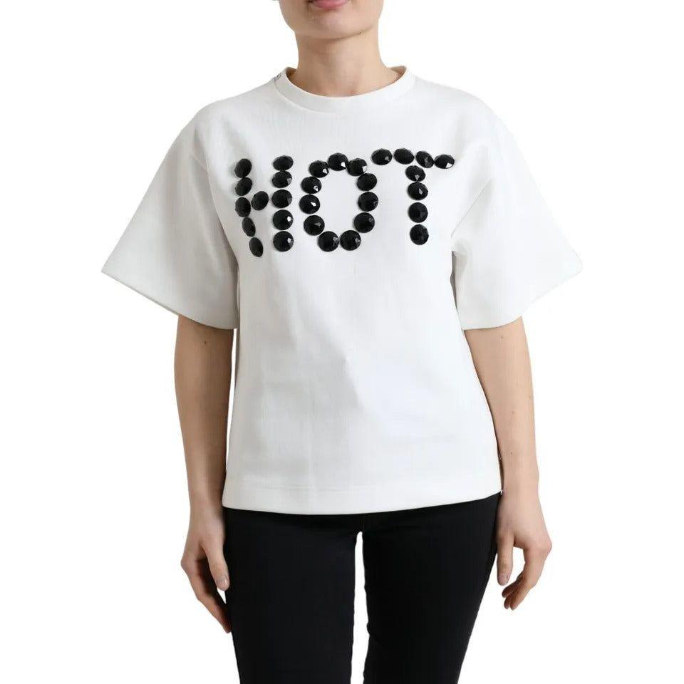 Dolce & Gabbana White Cotton Stretch Black HOT Crystal T-shirt Dolce & Gabbana