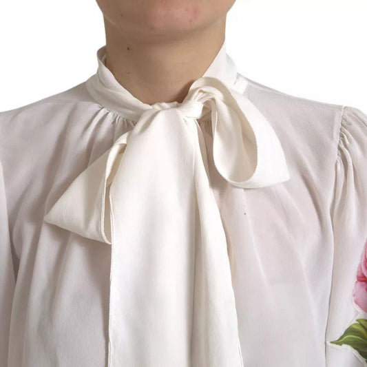 Dolce & Gabbana White Floral Silk Ascot Collared Top Blouse Dolce & Gabbana