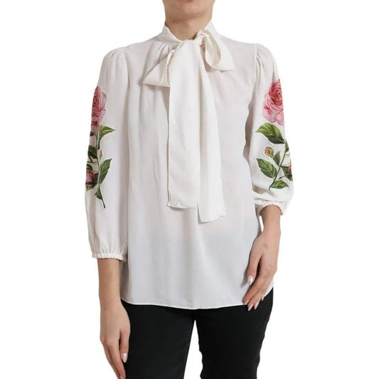 Dolce & Gabbana White Floral Silk Ascot Collared Top Blouse Dolce & Gabbana