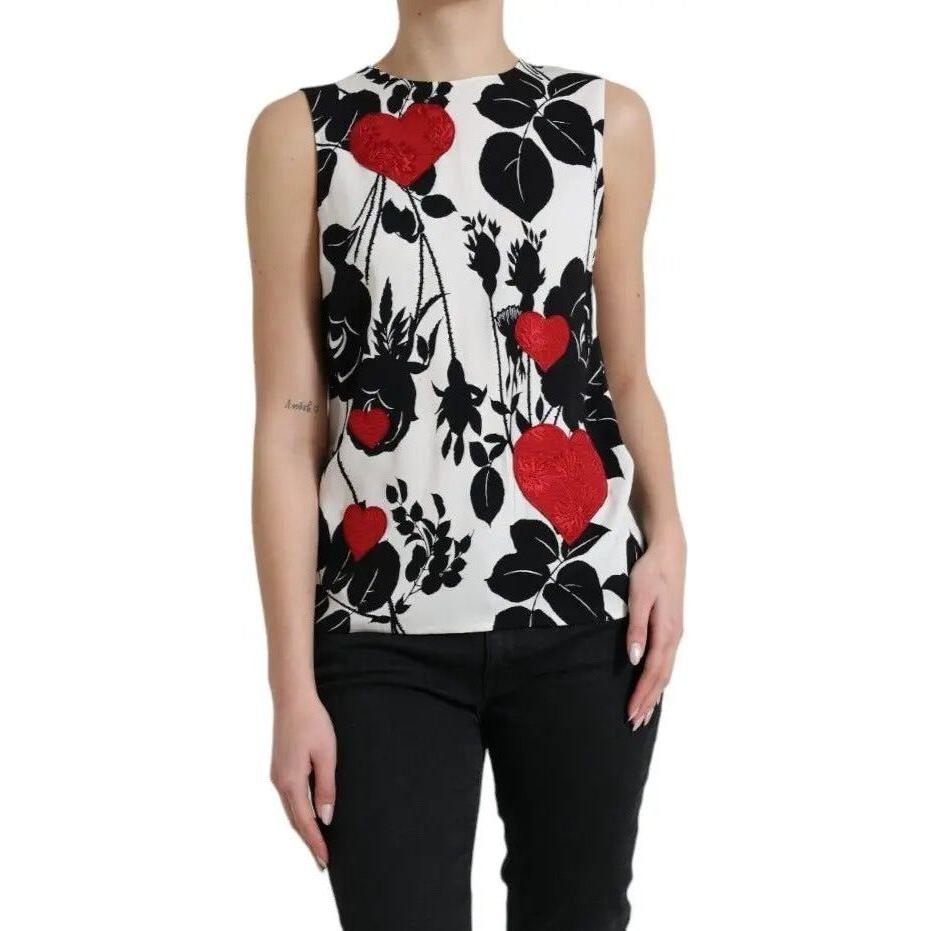 Dolce & Gabbana White Rose Print Heart Embroidered Tank Top Dolce & Gabbana