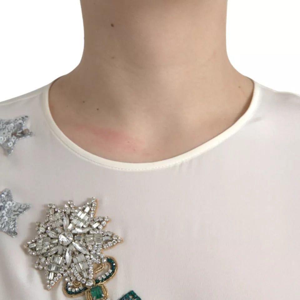 Dolce & Gabbana White Silk Crystal 3/4 Sleeves Blouse Top Dolce & Gabbana