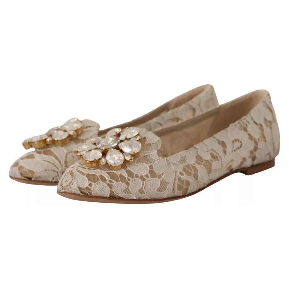 Dolce & Gabbana Beige Lace Crystal Ballet Flats Loafers Shoes Dolce & Gabbana