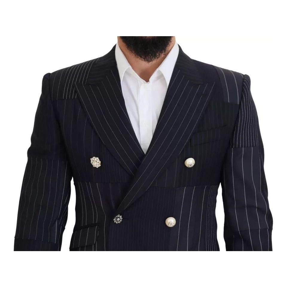 Dolce & Gabbana Blue Wool Patchwork Double Breasted Blazer Dolce & Gabbana